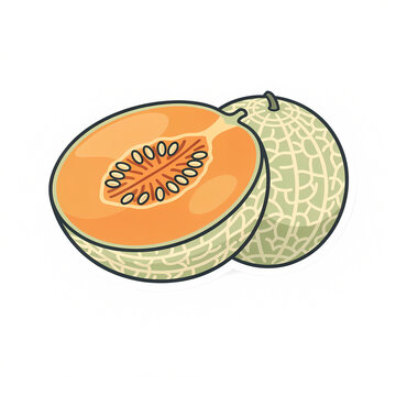 Fresh cantaloupe melon vector illustration featuring a whole fruit and a sliced half showing juicy orange flesh and seeds, isolated on a white background for food and health design