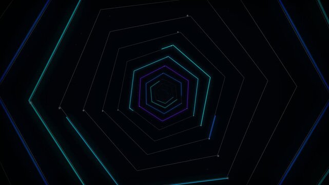 Futuristic geometric tunnel with glowing neon hexagonal lines in deep space, concept for high-tech virtual reality, ideal for techno music visualizers and sci-fi video backgrounds