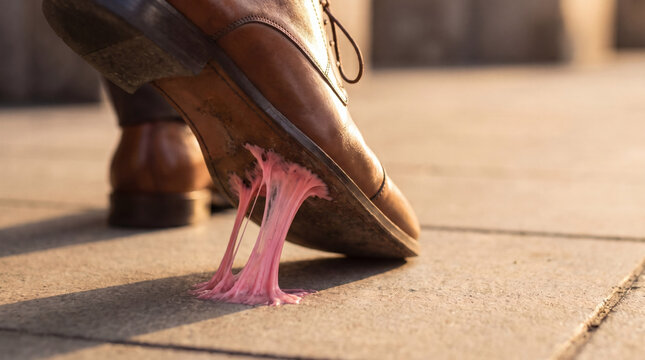businessman stepping in sticky chewing gum on city sidewalk bad luck and obstacle concept golden hour professional photography