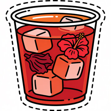 Hibiscus iced tea vector illustration featuring a refreshing red herbal drink in a transparent cup with ice cubes and a tropical flower garnish, isolated on a white background.