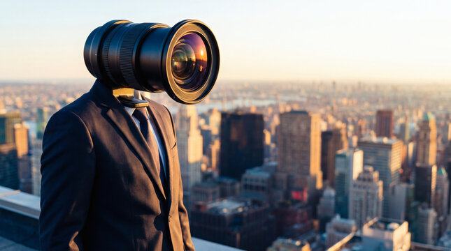 faceless businesswoman with camera zoom lens head against cityscape at golden hour surreal business concept photo with copy space for advertising and marketing