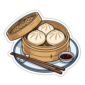 Professional vector illustration of delicious steamed dim sum dumplings in a traditional bamboo steamer basket with wooden chopsticks and soy dipping sauce on a plate, isolated sticker