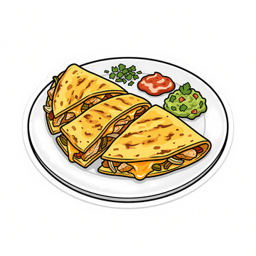 Professional vector illustration of a plate of folded chicken quesadillas with melted cheese, served with fresh guacamole, spicy tomato salsa, and chopped cilantro herbs on white.