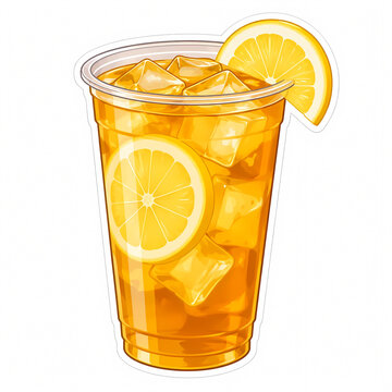 Refreshing Vector Illustration of a Cold Iced Lemon Tea with Fresh Citrus Slices and Ice Cubes in a Clear Plastic Cup, Isolated on White Background for Summer Drink Menu Design