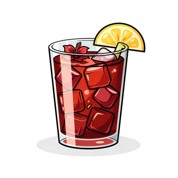 Refreshing Vector Illustration of a Cold Glass of Hibiscus Iced Tea with Ice Cubes, Red Hibiscus Flower Garnish, and a Lemon Slice Isolated on White Background for Summer Drink Concept