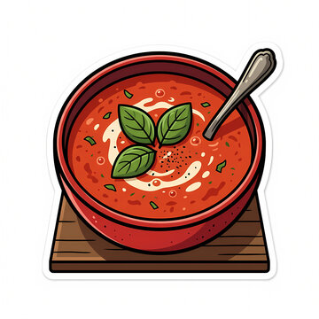 Sticker style vector illustration of a delicious bowl of hot creamy tomato soup garnished with fresh basil leaves and black pepper on a wooden coaster isolated on white background
