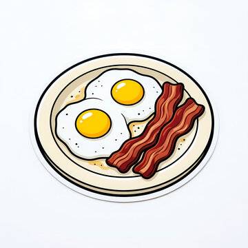 Vector Illustration of a Classic Breakfast Plate Featuring Two Sunny Side Up Fried Eggs and Crispy Bacon Strips Isolated on White Background for Restaurant Menu and Food Design