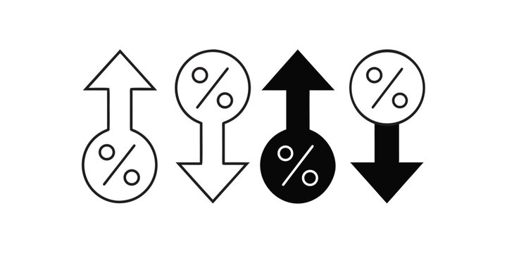 Set of four minimalist vector arrows indicating increase and decrease in black and white with copy space