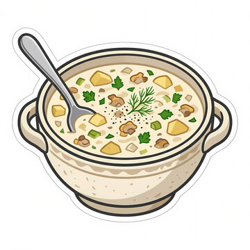 Vector illustration of a delicious bowl of creamy clam chowder soup with potatoes and fresh herbs, served in a decorative ceramic bowl with a spoon, isolated on white background.