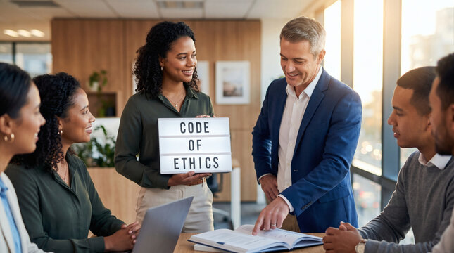 business man holding code of ethics light box with team golden hour office photography for corporate compliance and integrity
