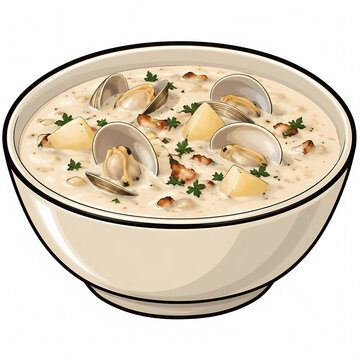 Vector illustration of a delicious bowl of New England clam chowder with fresh clams in shells, potatoes, and herbs isolated on white background, creamy seafood soup culinary concept.