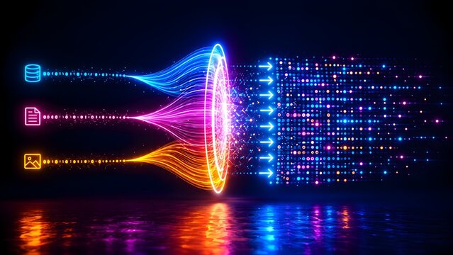 Multimodal data ingestion, unstructured information processing, ETL pipeline concept with database, document, image icons funneling into structured matrix