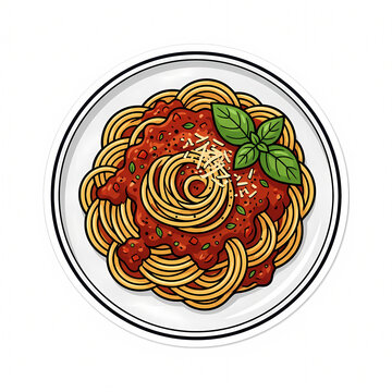 Vector illustration of a delicious plate of Italian spaghetti pasta topped with rich tomato bolognese sauce, grated parmesan cheese, and fresh basil leaves, isolated on white background