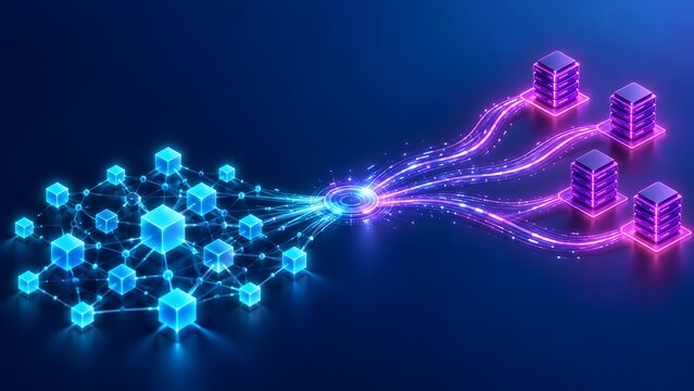 Blockchain network integration, decentralized data distribution, cloud server load balancing concept with glowing blue cube nodes streaming to purple racks