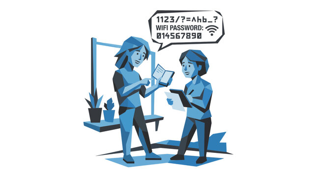 People discussing wifi password with cryptic message
