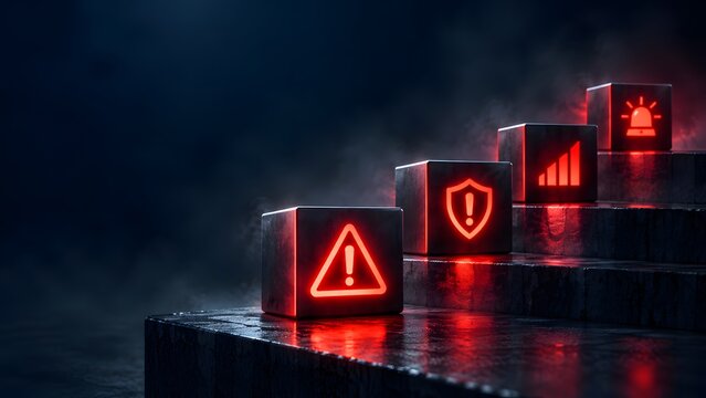 Cyber security threat escalation, risk management levels, system vulnerability warning concept with glowing red alert, shield, chart, siren icons on dark steps