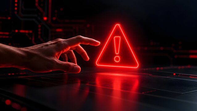 System error warning, cyber threat alert, critical risk concept with human hand touching glowing red exclamation triangle over dark circuit board