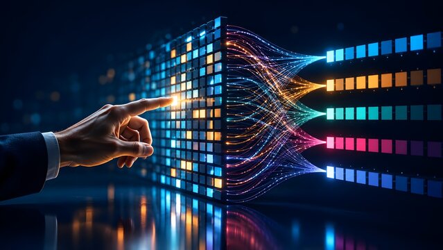 Data classification, automated sorting, machine learning pipeline concept with businessman hand touching glowing digital cube matrix connected to color streams