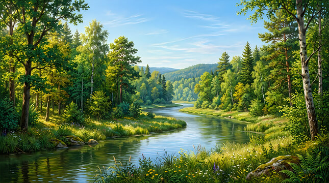 Serene river winds through lush green forest on a bright sunny day