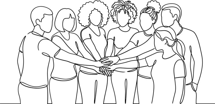 Line art illustration of a diverse group of people stacking their hands together.