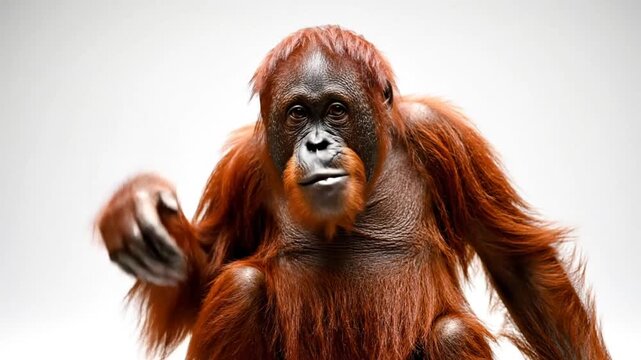 Magnificent Orangutan Posing Gracefully Against a Bright White Backdrop with Direct Eye Contact, Smiling and Looking at Camera