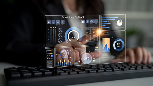 Smart home dashboard manages IoT system. Smart home dashboard controls temperature, dashboard tracks energy, smart home handles devices, and smart home dashboard monitors data. Latch