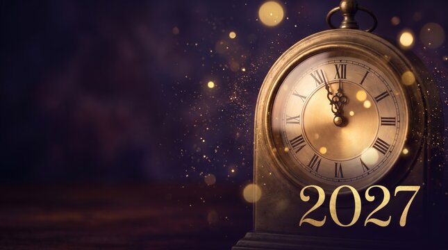 happy new year 2027 countdown clock on abstract glittering midnight sky with copy space, festive party invitation card concept for new years eve