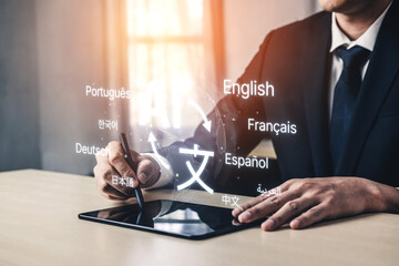 Global communication with multiple languages, digital translation tools, multilingual technology, cross-cultural communication, and virtual language learning environments. Spline © InfiniteFlow