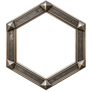 Vintage metallic hexagon frame, bronze game UI border element, isolated medieval iron hexagonal frame for graphic design