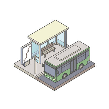Minimalist Isometric of a Green and Gray Bus Stopping at a Modern Shelter with Benches and a Bus