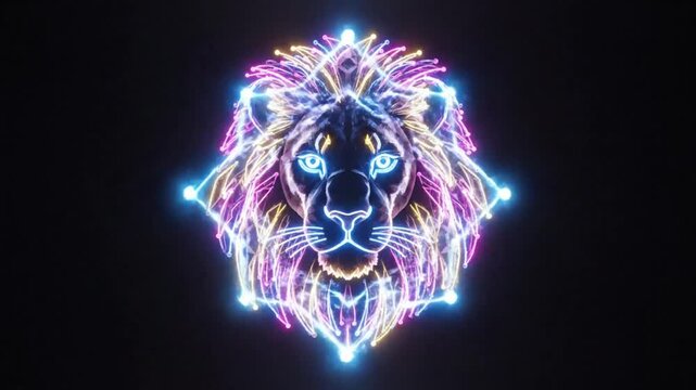Abstract Glowing Neon Lion Head Animation on Black Background Digital Art Illustration for Graphic Design.