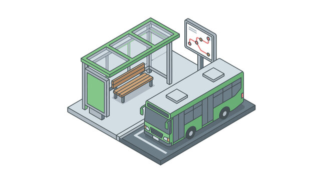 Minimalist Isometric of Green Public Bus Stop with Bus and Route Display Screen with high quality professional line art symbols for modern creative design and digital branding projects