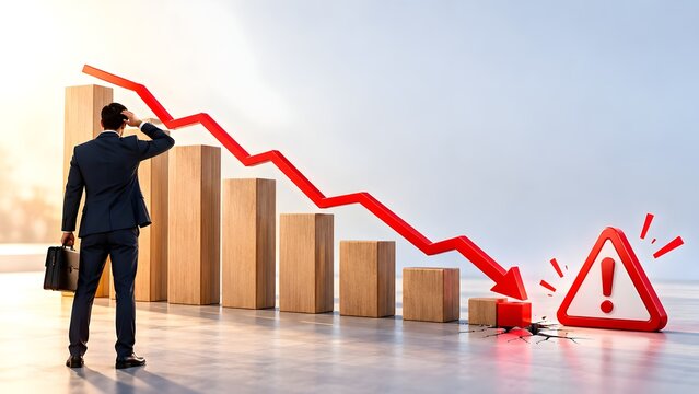 Financial crisis business failure concept with stressed businessman watching falling red arrow and warning sign indicating market crash and economic recession