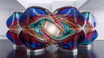 Obraz premium Futuristic Abstract Glass Sculptures with Vibrant Iridescent Colors and Organic Fluid Shapes Arranged in a Minimalist Modern Gallery Interior, Contemporary Digital Art Concept