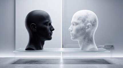 Obraz premium Abstract representation of dualism and human consciousness featuring two human head busts in black and white facing each other on a glass shelf in a futuristic minimalist laboratory setting.