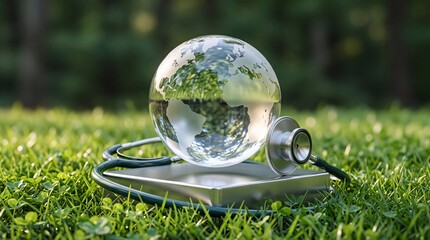 Obraz premium Global Health and Environmental Wellness Concept Featuring a Crystal Glass Earth Globe and Medical Stethoscope Resting on a Metal Base in Lush Green Grass Under Natural Sunlight.