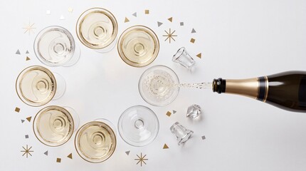 Obraz premium Top down view of a dark champagne bottle pouring sparkling wine into a ring of elegant coupe glasses on a white background with golden confetti, ideal for New Year, wedding, or luxury celebrations.