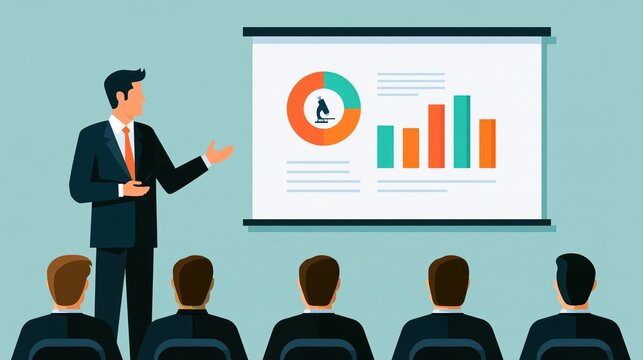 A man in a suit standing in front of a whiteboard with a pie chart and bar graph on it, addressing a group of people seated in chairs.