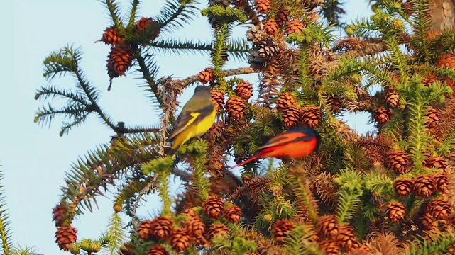 Two colorful small wild birds, one yellow and one vibrant red, perching together on a green coniferous pine tree branch covered with brown cones against a clear sky