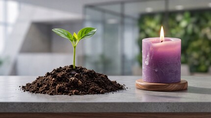 Obraz premium Small Green Plant Sprout Growing in Soil Next to a Lit Purple Scented Candle on a Table in a Modern Interior, Symbolizing Growth, Hope, Sustainability, and a Peaceful Atmospheric Environment.