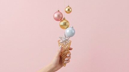 Obraz premium Creative Festive Concept of a Person Holding a Golden Wire Ice Cream Cone Filled with a Silver Star and Hanging Pastel Christmas Baubles Ornaments on a Minimal Pink Background