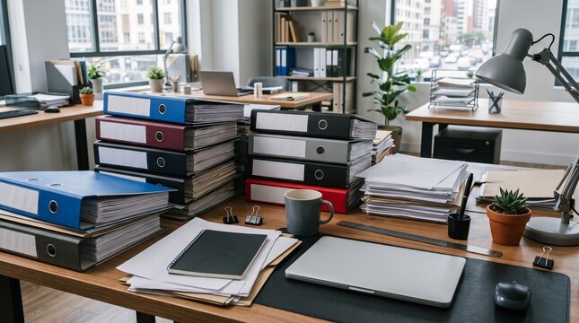A cluttered office workspace with stacks of folders and paperwork