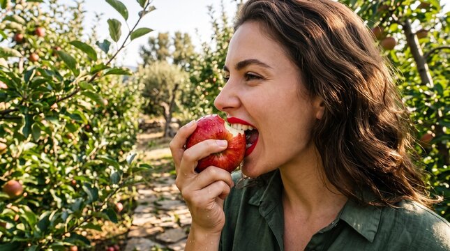Woman enjoys a fresh apple while standing in an orchard