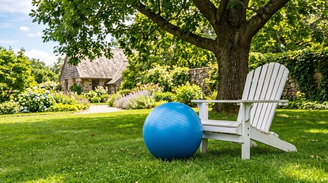 A blue exercise ball next to a white chair under a tree in a garden