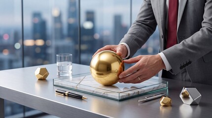 Obraz premium Successful Businessman in Grey Suit Touching Polished Golden Sphere on Modern Office Desk with Blurred City Skyline Background, Concept of Wealth, Financial Investment, and Economic Success.