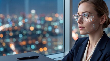 Obraz premium Professional Businesswoman in Glasses Looking at Night City Skyline with Digital Financial Data Projection, Concept of Future Banking, Global Fintech, and Advanced Data Analytics