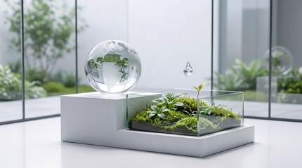 Obraz premium Conceptual Image of a Crystal Globe and Miniature Green Terrarium with a Falling Water Drop on a White Pedestal, Representing Environmental Sustainability and Global Ecology Conservation