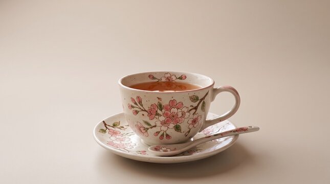 A delicate floral tea cup and saucer with a spoon on a neutral background