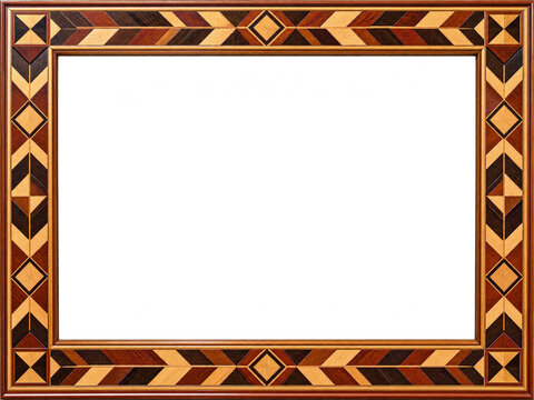 Wooden marquetry picture frame with geometric inlay, vintage wooden photo frame mockup, antique wood mosaic border design
