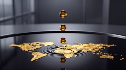 Obraz premium Golden Oil Drops Falling on a World Map Floating on Dark Reflective Liquid, Symbolizing Global Energy Economy, Resource Distribution, International Trade, and Precious Commodity Market Impact